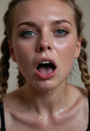 score_9, score_8_up, score_7_up, Create breathtaking 8k high resolution picture, Camera closeup cumface petite supermodel, 21-year old skinny pale girl, with light blonde, two thick wet braided Dutch braids placed over the shoulder, Several hair ties in braids, hair clips, beautiful blue eyes, expensive black ruffled bra, tits sticking out, (wearing expensive black ruffled transparent wet pantyhose), Subtle freckles, open mouth, completely messy smeared makeup, messy lipstick, smeared black eyeliner, smeared maskara, facial expression, disgusted, o-face, Ahegao-face, cute looking, rolling eyes, (several massive facial, cum in mouth, cum in hair, cum on bra, mouth brimming, full of cum, making her vomit, cum flows from face holding big round transparent glass bowl full of liquid cum with both hands directly under her chin, drinking cum running from face in bowl, drinking cum from bowl, swallowing cum), cum in hair, facial, pussy Squirting juice to floor, (bukkake, hard cocks slap her face, spreading cum to face), facialized, superfacialized, many cocks slapping face, cocks spreading cum, cocks spraying cum in face