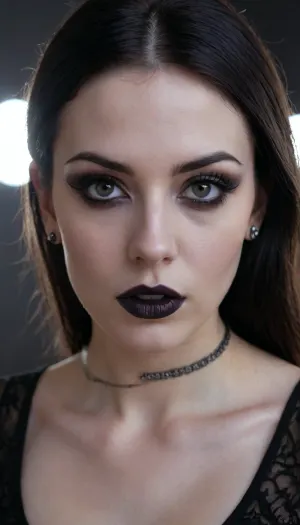 skinny white caucasian girl with dark straight long black hair without bangs, goth, punk rock style, she has extreme dark hazel eyes, wearing lots of black eye makeup with sharp black points at the corner of her eyes, dark lipstick