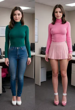 Before and after, a shy conservative Christian girl with dark brown hair wearing a dark green turtleneck pullover, (BEFORE she is wearing long jeans pants and white sneakers, office clothes), BREAK, (AFTER she is wearing a pink pleated micro skirt and pink platform high heels, slut outfit), <lora:OnoffXL_ExtraCrispy:.4>