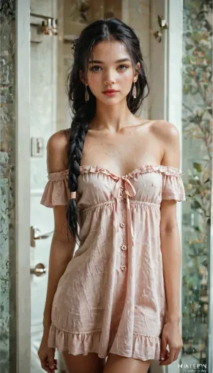 18 years old skinny beauty, long hair, braided black hair, thin body, small breasts, natural skin texture, sexy light pink off shoulder dress, waiting at hotel lobby for lover, wide shot, <lora:cute girl:2>