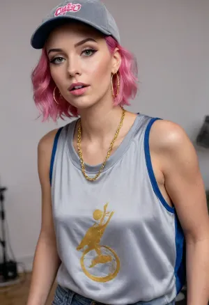 (masterpiece, best quality:1.2), 1 czech 30yo woman, famous singer, (she wears a long grey baggy velvet round neck sleeveless basketball jersey and jeans:1.4), indoors in a recording studio, (short wavy pink hair:1.2), bright blue eyes, (big earrings, golden necklaces, basecap:1.4), she is standing at a studio microphone and sings powerful and concentratedly, photorealism, <lora:681678_training_data:.5>