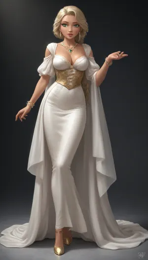 Rapunzel, solo, full lips, thick lips, huge chest circumference, dark olive skin.
A floor-length, figure-hugging dress made of flowing satin in deep midnight blue. The cut is close-fitting with a high leg slit on the left side. The neckline is sweetheart.

The back is low-cut, with crossed, delicate straps. Small rhinestones sparkle subtly in the light.

An elegant clutch with pearls.

Long drop earrings.

A delicate bracelet.

A sheer scarf draped over the shoulders.

Gold-strap high heels, open at the toes, with a slight shine.

An elegant updo with loose strands draped over one shoulder. Makeup with smoky eyes, shimmering highlighter, and rich burgundy lips.