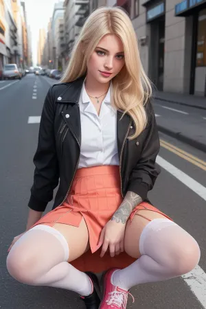 young 18 years old white girl, nurse uniform, shirt, tie, jacket, microskirt, flowers tattooed down legs, stockings, smirk, street in the background, long blonde hair, road cones place down the street, girl pulls lube out of her pocket and rubs it on a road cone, (girl shows her pussy by lifting up her skirt:1.3), (lifted skirt:1.2), (no panties:1.2), (pussy, smooth pussy:1.2), girl sits slowly on the road cone and insert it up into her pussy, little by little her she gets her pussy stretched out as she fucks the road cone