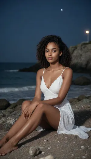 Very beautiful 25yo black girl is sitting on a wild rocky beach at night. She is wearing light summer dress. VHS photo effect. She is skinny and very pretty. She has a very cute face.