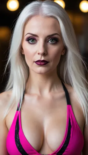 Athletic 60 year old white caucasian girl with dark straight long white hair without bangs, goth, punk rock style, she has extreme dark hazel eyes, wearing lots of black eye makeup with sharp black points at the corner of her eyes, dark lipstick, big tits, cleavage, bright pink swimsuit, fat ass, wide hips