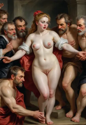 (Peter Paul Rubens Style:1.5), (Suzanna and the elders painting), A Peter Paul Rubens painting depicting a gorgeous, wonderful, delightful and frightened woman, naked, and 3 old, fully clothed, men bothering her, <lora:Peter Paul Rubens Style:1.3>