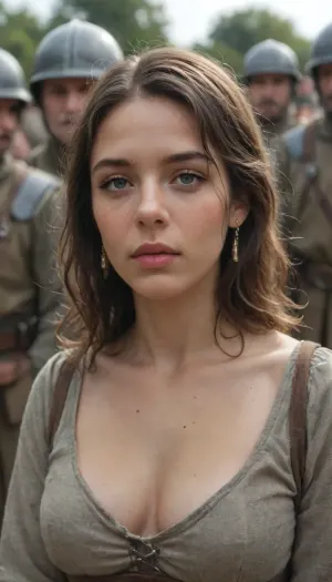 Defeated knight woman, perfect face, surrounded by peasant, battlefield, fat medieval soldiers, ugly peasant