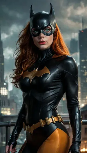 masterpiece, best quality, 1girl, batgirl, long shot, Gotham City background, realistic, green eyes, mask, bodysuit, orange hair, lips, long hair, solo, dark, but, <lora:MJ52:2>, <lora:add-detail-xl:2>, <lora:BUT_SDXL_SHS:.2>
