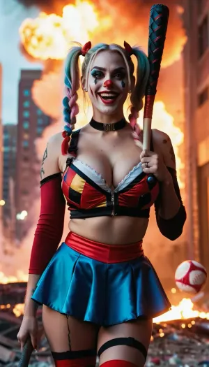 Harley Quinn, large breasts, long braided hair, clown face makeup, holding a baseball bat over her shoulder, wearing very revealing clothing consisting of a micro skirt and a micro bra, intimate hairstyle, explosions in the background, she laughs, destroyed city, cyberpunk style