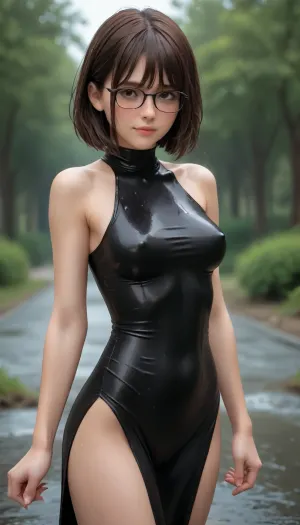 hyperdetailed, 36yo, fit, shy looking girl, brown hair bob cut, brown eyes, many freckles, very peaky medium breasts, smiling, glasses, erect nipples through skin tight dress, heavy rainy day, heavy wet skin, heavy wet hair, (braless), ((no panties)), Dressed in a skin tight dress, gap, ((squeezes her boobs)), side view, exposed vagina, <lora:cameltoe XL:.8>