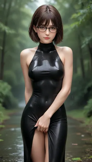 hyperdetailed, 36yo, fit, shy looking girl, brown hair bob cut, brown eyes, many freckles, very peaky medium breasts, smiling, glasses, erect nipples through skin tight dress, heavy rainy day, heavy wet skin, heavy wet hair, (braless), ((no panties)), Dressed in a skin tight dress, gap, ((squeezes her boobs)), side view, exposed vagina, <lora:cameltoe XL:.8>