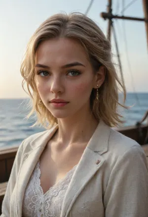 Ana de armas in a white antique lace shirt and pirate coat on the deck of a sail ship, short straight blonde hair with braid, brown eyes, freckles, half moon scar on cheek, the sea and an overgrown island in the background, fantasy, digital painting, studio lighting, unreal engine, octane render