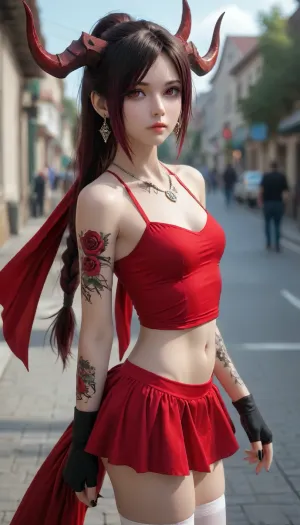 Very long hair ponytail, (Short Textured Haircut), (ruby Rose Hairstyle), (oval shape head), (round head), (feminine belly), (high cheekbones), (beautiful face), (strong jawline), (Beautiful glowing red eyes), (almond-shaped eyes), (long lashes), (tin eyebrows), ((full lips), (170cm high), ((slim body)), (dark nails), (silver necklaces and earrings), (tattoos), (tattoos 10% body), (small breasts), (perky breasts), (small ass), (round ass), (firm ass), (toned legs), (lean legs), (feminine legs), (well-defined feet)), frieren-aura, horns, pink, hair, purple, blue, eyes, multiple, braids, bare, shoulders, black, gloves, thighhighs, elbow, navel, cutout, white, skirt, red, cloth/skirt, cleavage, <lora:add-detail-xl:2>, <lora:Colorful Hair Slider_alpha1.0_rank4_noxattn_last:2>, <lora:DetailedEyes_V3:2>, <lora:aura-animagine:1>
