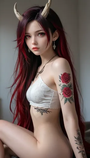 Very long hair ponytail, (Short Textured Haircut), (ruby Rose Hairstyle), (oval shape head), (round head), (feminine belly), (high cheekbones), (beautiful face), (strong jawline), (Beautiful glowing red eyes), (almond-shaped eyes), (long lashes), (tin eyebrows), ((full lips), (170cm high), ((slim body)), (dark nails), (silver necklaces and earrings), (tattoos), (tattoos 10% body), (small breasts), (perky breasts), (small ass), (round ass), (firm ass), (toned legs), (lean legs), (feminine legs), (well-defined feet)), frieren-aura, horns, <lora:add-detail-xl:2>, <lora:Colorful Hair Slider_alpha1.0_rank4_noxattn_last:2>, <lora:lora_eyes_V2_ponyxl:2>, <lora:DetailedEyes_V3:2>, <lora:aura-animagine:2>