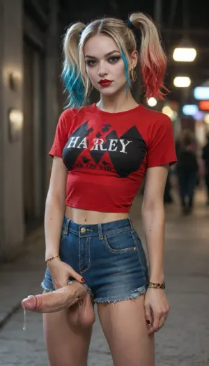 Asian beauty wearing Harley Quinn outfit, Harley Quinn T-shirt, denim shorts, dim background, dark eyes, (with a mole in the corner), piercing gaze, fair skin, gold embellishments, gold jewelry, surreal, earrings. Slender waist, fashion design, epic character design, gold and red Gothic tattoos, motion blur, light, depth of field, foreshortening, blurred edges, contrasting lighting, head turning, (depth:1.3), (blurred), . Best quality, stunning quality, latest, very beautiful, futanari, mastrubation, erect penis, hard penis, sagging testicles, veiny cock, leaking precum, throbbing cock