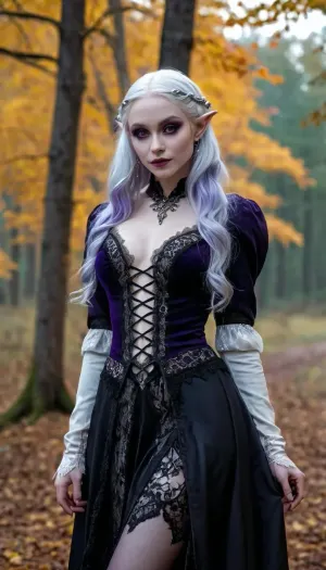 very beautiful drow elf, albino skin, extremely pale skin, veins showing through skin, full body view, outside, cloudy dark forest at dusk, autumn leaves, realistic lighting, regal hunting dress with black lace trim and silver adornment, mischievous smirk at camera, purple and silver hair, dark makeup, hanging viewer a small glass potion, Gothic style, art, fantasy, drawing in the style of realistic anime, dark, Gothic