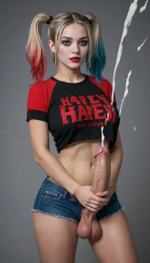 ((Asian beauty wearing Harley Quinn outfit)), ((words "CUM SLUT" Printed on !/4 T-shirt)), Under boob, ((massive GG cup fake round Silicone boobs)), exposed midrift, denim shorts, dim background, dark eyes, (with a mole in the corner), piercing gaze, fair skin, gold embellishments, gold jewelry, surreal, earrings. Slender waist, fashion design, epic character design, gold and red Gothic tattoos, motion blur, light, depth of field, foreshortening, blurred edges, contrasting lighting, head turning, (depth:1.3), (blurred), . Best quality, stunning quality, latest, very beautiful, futanari, mastrubation, Holding cock, erect penis, hard penis, sagging testicles, veiny cock, ((Massive cumshot thick ropes of cum shooting out of cock)), throbbing cock, ((Face Covered in cum))