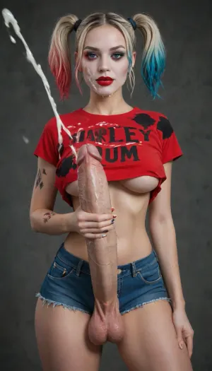 ((Asian beauty wearing Harley Quinn outfit)), ((words "CUM SLUT" Printed on !/4 T-shirt)), Under boob, ((massive GG cup fake round Silicone boobs)), exposed midrift, denim shorts, dim background, dark eyes, (with a mole in the corner), piercing gaze, fair skin, gold embellishments, gold jewelry, surreal, earrings. Slender waist, fashion design, epic character design, gold and red Gothic tattoos, motion blur, light, depth of field, foreshortening, blurred edges, contrasting lighting, head turning, (depth:1.3), (blurred), . Best quality, stunning quality, latest, very beautiful, futanari, mastrubation, Holding cock, erect penis, hard penis, sagging testicles, veiny cock, ((Massive cumshot thick ropes of cum shooting out of cock)), throbbing cock, ((cum Covered Face))