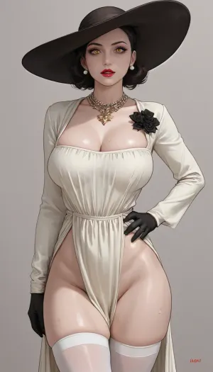 ((Thick outline:1.4), ((Cartoon Style:1.5)), ((Hentai)), lineart, line, art), (Alcina Dimitrescu:1.5), ((grey-white skin)), (bimbo, thick body), little more than medium close up, looking at viewer, solo, standing, white thigh highs, at mansion, breasts exposed, (((oily skin))), ((woman 40 years)), sweat bands, fake eye lashes, dark eye make up, mouth open, wystyle, <lora:cartoon_stickers_xl_v1:.7>, <lora:outline_xl_kohaku_delta_spv5x:1>, <lora:hentai_anime_style_xl_v1:1.7>, <lora:望月style:1.8>, <lora:EnvyStylizedXL01:1.4>