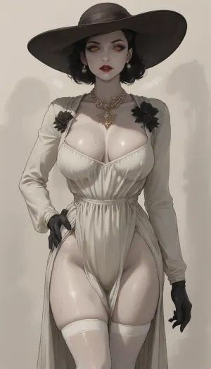 ((Thick outline:1.4), ((Cartoon Style:1.5)), ((Hentai)), lineart, line, art), (Alcina Dimitrescu:1.5), ((grey-white skin)), (bimbo, thick body), little more than medium close up, looking at viewer, solo, standing, white thigh highs, at mansion, breasts exposed, (((oily skin))), ((woman 40 years)), sweat bands, fake eye lashes, dark eye make up, mouth open, wystyle, jtcstyle, <lora:cartoon_stickers_xl_v1:.7>, <lora:outline_xl_kohaku_delta_spv5x:1>, <lora:望月style:1.9>, <lora:EnvyStylizedXL01:1.4>, <lora:加藤彩style:1.8>