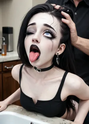 Skinny petite goth girl, long hair, disheveled hair, (pulling head back forcefully), (standing fucking), looking up, (((fucking from behind:1.4))), goth outfit, pale skin, (wide eyes), skinny face, narrow head shape, (smeared makup), she is griping sink, (((ahegao face:1.6))), (wide eyes:1.2), (((one eye half closed:1.4))), (rolling eyes:1.6)