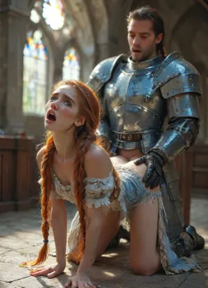 (Big armored medieval soldier with huge cock), fucking, (Georgous skinny peasant in torn dress), from behind, kneeling, she has very long ginger hair, braids, deep blue eyes, (hairy pussy:.6), moaning, tears run her face, inside ruined light church, sharp sun beams coming through colorful stained glass, in front of small medieval house in countryside, side view, (full bodies), photorealistic, perfect eye details, hyperrealistic details, enhanced details, masterpiece, UHD, 8k, <lora:MJ52:1>, <lora:SDXL_BetterFaces-LoRA_v1:1.2>, <lora:mix18:.5>, <lora:BUT_SDXL_SHS:1.1>, <lora:ahxl_v1:.5>