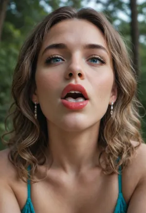 in the middle of the forest at night, my pov, looking down, beautiful 40 year old milf, long curly multi color hair, bright blue eyes, red lips, mouth open, lots cum all over her face