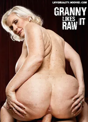 Very big breasts lonely granny, "GRANNY LIKES IT RAW" movie title, retro porn movie cover, gilf style, movie cover layout, movie cover style High quality photo, back
