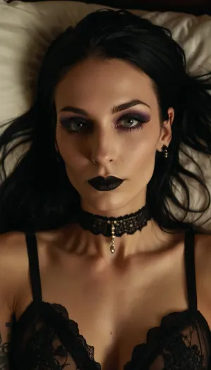 extremely beautiful and slender 25 year old goth cumbucket with big tits lying on the bed after a wild party, a gallon of thick cum has recently been poured over all of her body and face, portrait, from above, looking at the cam, lovely eyes, cute eyes, sexy eyes, sweet eyes, cute smile, tack sharp, ultra realistic, artsy, high cheekbones, (skinny face), (long face), (long skinny nose), ((dark goth makeup)), lots of tattoos