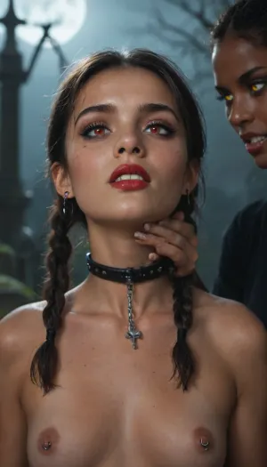 (((two 18 year old African American vampire girls))), black skin, neck bitting, midevil, glowing red eyes, black eyeshadow, sad face, closed mouth, one with black hair with rainbow hair, ponytails, red lipstick, blood dripping out of the corners of the mouth, vampire, vampire teeth, in a dark graveyard, bound in chains, nipple rings, earrings, collar, perfect tiny breasts, Subspecies, style, EdobVampWoman, <lora:Subspecies style:.8>, <lora:EdobVampWoman_XL_v1.0:.8>