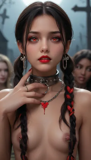 (((two 18 year old African American vampire girls))), black skin, neck bitting, midevil, glowing red eyes, black eyeshadow, sad face, closed mouth, one with black hair with rainbow hair, ponytails, red lipstick, blood dripping out of the corners of the mouth, vampire, vampire teeth, in a dark graveyard, bound in chains, nipple rings, earrings, collar, perfect tiny breasts, Subspecies, style, EdobVampWoman, <lora:Subspecies style:.8>, <lora:EdobVampWoman_XL_v1.0:.8>
