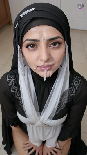 Marocaine qui pleure, triste, douleur, crier, à la peau très noires, traditionnele abaya noire salafiste, levres pulpeuses, yeux noires intenses, collant fluorescents., cumfacial55, cumshot, cumfacial, facial, <lora:cumfacial55_v2:.8>