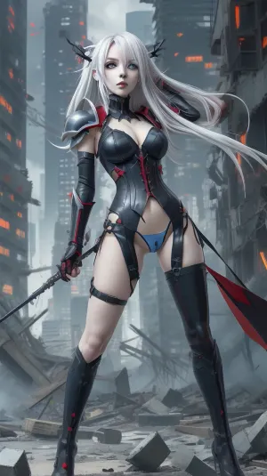 anime style, night, destroyed skyscrapr, view from the interior, broken chairs, garbage, standing near a destroyed wall in profile, dark elf, burning black skin, overdetalization, bright platinum neon hair to the waist, stern silver eyes, neat nose, bright white lips, oval tense face, dark blue leather armor flower, Gothic style, red and black cross o the back, detailing, <lora:undressing_another_v0.5:.8>
