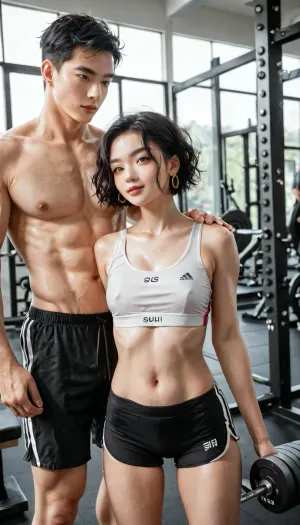 18 years old Chinese beauty, very short straight black hair, thin body, small breasts, natural skin texture, white sports bra, black shorts, in gym, athletic chinese man, short hair, topless, man posing with woman, wide angle, aug_girl_1, shu7, <lora:aug_girl_1-000005:1>, <lora:Shu7_XL_0_:2>