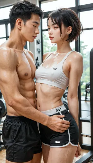 18 years old Chinese beauty, short straight black hair, thin body, small breasts, natural skin texture, white sports bra, black shorts, in gym, athletic chinese man, short hair, topless, man posing with woman, wide angle, aug_girl_1, shu7, <lora:aug_girl_1-000005:1>, <lora:Shu7_XL_0_:2>