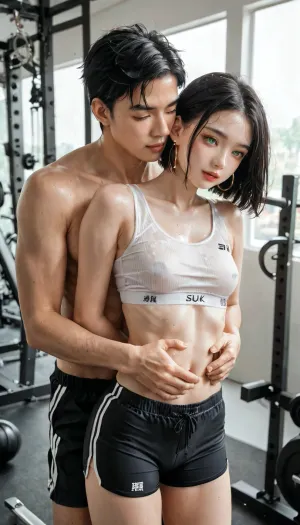 18 years old Chinese beauty, (short straight black hair:1.3), green eyes, thin body, small breasts, natural skin texture, white sports bra, black shorts, in gym, athletic chinese man, short hair, topless, man hugging woman, man groping woman breasts, wide angle, aug_girl_1, shu7, <lora:aug_girl_1-000005:1>, <lora:Shu7_XL_0_:2>