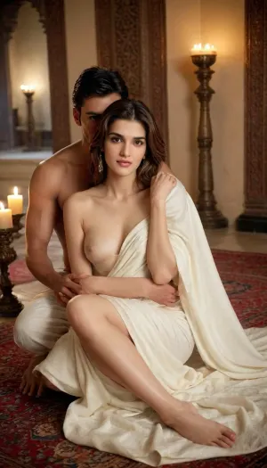 Kriti Sanon, 30 years old, oily and glossy skin, wavy hair, ultra realistic image, real human, kriti, sanon, The image depicts an intimate moment between a man and a woman seated closely together on a richly patterned rug, surrounded by ornate decor and warm candlelight within an opulent, palace-like setting. The woman is wrapped in a draped sheet, baring her shoulders and arms, while the man sits shirtless beside her, his arm gently resting around her waist. Their close posture and the serene ambiance created by golden candlelight contribute to a sensual, romantic atmosphere, emphasizing their physical closeness and the elegant, luxurious environment around them., I'd suggest this prompt for a sensual and intimate image, "A couple in a dimly lit, lavishly decorated ancient Indian palace, sitting closely on intricately patterned rugs. The woman wears a draped white silk garment, and the man is shirtless with brown draped lower garment. Soft candlelight casts warm shadows. They gaze into each other's eyes with tender affection, hands touching intimately." 😍, 111cine8matic55, <lora:Kriti_Sanon_SDXL_LoRA:.8>, <lora:600523_training_data:.8>, <lora:679571_training_data:.8>, <lora:TLS:.8>, looking on camera, see-through_silhouette, towel, nude, <lora:towl_see:.8>