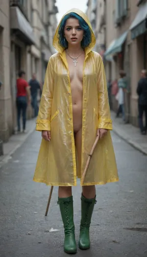 luce, (jubilee 2025), 1girl, bead necklace, beads, blue eyes, blue hair, boots, cane, cross, cross necklace, green footwear, holding, holding cane, hood, hood up, jewelry, latin cross, naked raincoat, navel, necklace, open mouth, raincoat, rubber boots, short hair, solo, varoz, yellow raincoat