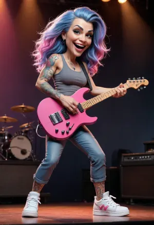 funny caricature, rocker female human caricature, middle-aged caucasian female, 38 years old, blue flowing hair, tattooed arms, athletic build, big cartoonish head, exaggerated caricature features, confident expression, wearing gray crop top, pink baggy pants, white sneakers, black guitar strap, caricature style with bold outlines, on stage, gigs, lights, vivid colors, dramatic shading, whimsical, playful, digital painting style with vibrant colors, smooth gradients, glossy highlights, dynamic, action, hair swing