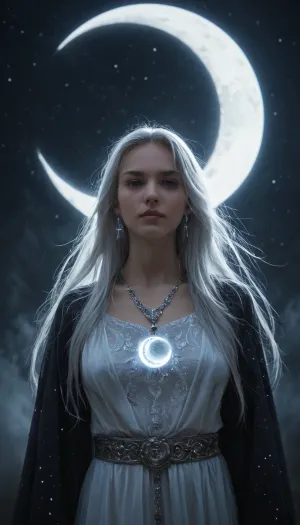 Selûne, goddess of the moon from Forgotten Realms, depicted in a darker and more solemn aspect. Tall and ethereal, pale silver-blue glowing skin, long flowing white hair tinged with shadows, silver eyes reflecting sorrow and wisdom. Wearing deep midnight-blue and silver robes embroidered with fading stars and crescent moons, jewelry shaped like twin moons. A faint silver halo glowing behind her, contrasted with tendrils of shadow creeping at the edges, symbolizing her eternal conflict with Shar. Standing on a celestial battlefield of starlight and darkness, moonlight breaking through swirling shadow. Highly detailed, ultra-realistic dark fantasy art, cinematic and mystical atmosphere.