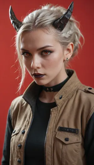 score_9_up, score_9, score_8_up, score_8, score_7_up, score_7, cinematic lighting, raw, high quality, 4k resolution, absurdres, masterpiece, dynamic lighting, high contrast, detailed face, sinozick style, 1girl, solo, (cute), (pale skin:1.2), (red eyes), (black sclera), black makeup, black lipstick, (white hair:1.2), short hairs, braided hairstyle, ponytail hairstyle, looking at viewer, (jacket:1.1), model pose, (cyberpunk horns:1.1), (model pose:1.3), (deep red background), sketchy background