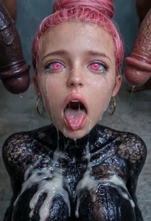 18 year old PETITE EBONY BIMBO CUTIE WITH HUGE ROUND FAKE BREASTS IS MIND CONTROLLED AND RESTRAINED TO A BONDAGE DEVICE, SHE IS HYPNOTIZED TO BE A CUM SLAVE FOR VIEWER'S hyper gigantic MASSIVE BLACK HORSEcock, SHE'S HYPNOTIZED BY VIEWER TO BE EXTREMELY DESPERATE AND TERRIFIED OF HIS gigantic thick BLACK HORSEcock, UHD 8K, extreme realism, maximum detail, PERFECT WET DARK SKIN, RANDOM VIEW ANGLE, RANDOM POSE, HYPNOSIS, SHOCKED EXPRESSION, (INTENSE SAD CRYING:1.9), BUKKAKE, (MESSY long MULTICOLOR hair), YOUNG EBONY HOTTIE BIMBO WITH ENORMOUS SILICONE TITS IS OBSESSED WITH VIEWER'S ENORMOUS BLACK HORSECOCK, she is DISGUSTED WHILE kissing the tip of HIS MASSIVE BLACK HORSEcock and licking the cum, SHE'S DISGUSTED BY HUGE BLACK HORSEcock, SUPER EXCITED eyes GLOWING WITH INTENSE SHOCK, EYES WIDE OPEN IN SHOCK, (BRIGHT GLOWING MINDLESS PINK eyes:2), she is HYPNOTIZED TO WORSHIP VIEWER'S MASSIVE BLACK HORSECOCK, EXTREME BUKKAKE BY HUGE BLACK HORSECOCKS, EXCITED SHOCKED extreme orgasm face, (EXTREME AHEGAO FACE:1.8), lots of thick runny cum on her EBONY BIMBO face and lips and chin and forehead, (tinkerbell99, aged 20), SUPER FIT BLACK BIMBO BODY, WEARING FISHNET CATSUIT, (VERY BIG ROUND FAKE BIMBO BOOBS), EXTREME HYPER BUKKAKE, perfect composition of lights and shadows, (After massive bukkake cum), dynamic, the brightest image, clear focus, depth of field, 32k, 30 mm lens, 1/250 s, f/2.8, ISO 300, excessive thick runny cum on face, lots of cum on breasts, lots of cum on hair, cum in mouth, close-up, cowboy, shot, high, angle, skinny, body, igbaddie, tongue, out, ahegao, drool, melanin, <lora:JustCum:2>, <lora:cum_in_eye_deepmind:2>, <lora:igbaddie-XL:2>, <lora:ahegao_mr_chrisma:2>, <lora:melanin-XL:2>
