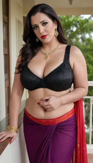Angela White Fat BBW Indian Mother age 45 wearing Purpple Saree Black Sleeveless blouse long naval long hot belly button cleavage big boobs lot of jewelry wearing marriage necklace standing in balcony posing her hips red lipstick red nail polish