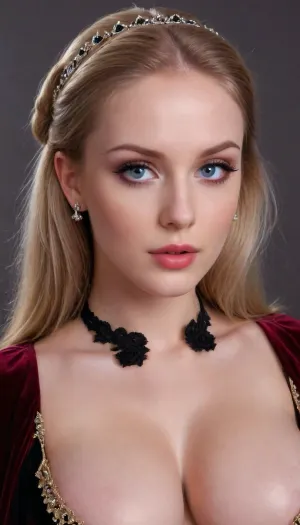 Barbie style, Regal female countess, tall, (pale porcelain skin:1.4), (long blond hair), (elegant fancy updo hairstyle), beautiful eyes, sexy lips, smile, big areolas, velvet gown with corset, busty deeper cleavage, black cloak, alluring yet dangerous, close up viev, dark sapphic glamour, gothic, dramatic lighting., sagging, tpsp, supermodel, lips, realistic, real, face, hyper, realsitic, influencer, insta, beautiful, sexy, pretty, <lora:256210_training_data:1>, <lora:sagging-000015:.8>, <lora:Torpedo_Tits_Anime-GMR-000007:1.1>, <lora:Beautify-Supermodel-SDXL:1.6>, <lora:Realistic_Insta_InfluencerV1.0:1.1>