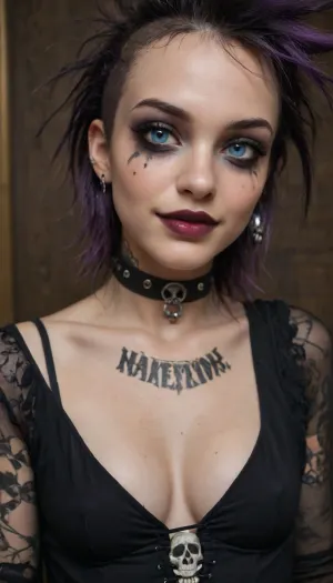 close-up on head and breasts of sexy 18 year old gothic girl flashing tits. hourglass figure, ((small flat natural breasts)), . Beautiful and gorgeous face, blue eyes, (squinting eyes:.8), punk clothes, purple punk messy hair, (dark gothic makeup:1.2), gothic chocker, some gothic skull tattoos, cleavage. Small punk earrings, smiling, flirting. showing off, sexy, charming, confident, playful, seductive. hyper-realistic, ultra-high quality, insanely detailed.