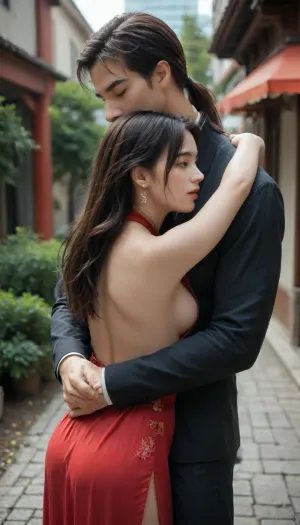 18 years old skinny beauty, long hair, black hair, thin body, toned body, natural skin texture, wearing red cheongsam, at hotel lobby, athletic chinese man in black suit, man hugging woman from behind, bohoai, hinaigirl, shu7, ruru, Saika, <lora:boho_hinaigirl_v1:1.1>, <lora:Shu7_XL_0_:2>, <lora:greenjk2:.8>, <lora:Saika_SDXL_2_reg_:1.3>