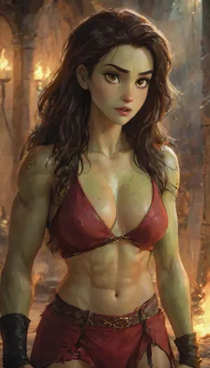 Photorealistic extremely lifelike image of a breathtaking high-fantasy skinny female rogue-warrior standing in a torch-lit stone dungeon chamber. She is a beautiful Hawaiian supermodel woman with light-green skin and a hourglass toned thin athletic physique. She has a heart-shaped face with soft feminine features, large almond-shaped bright-yellow eyes, a narrow rounded nose, and full lips curved in a confident smirk. Her long, straight curly dark brown hair with blonde-highlights flows past her shoulders, slightly tousled from battle.She wears a revealing, sexy rogue intricate outfit made of black leather and crimson fabric—an enchanted Solid Cami Crop Top & Split Thigh Long Skirt Set-style top with cutouts that expose defined abs, and high-slit armored thigh straps that leave most of her strong thick thighs bare. A pair of fingerless gloves and knee-high leather boots complete the look. Her toned arms and sculpted legs show off her physical strength and agility. She has a curved dagger at her side and a glowing arcane "SUN" sigil tattooed on her hip.Her expression is confident and sultry, standing with one hand on her hip, the other resting on her weapon. The background is a fantasy dungeon with stone walls, glowing runes, and faint magical mist. The lighting is warm and dramatic, casting shadows that accentuate her curves and muscle tone, high detail, cinematic lighting, fantasy realism, intricate costume design, 8K, full-body character portrait, RPG character art, sexy fantasy aesthetic, perfect anatomy, best quality, 8k, insane details, intricate details, hyperdetailed, hyper quality, ultra detailed, professional, HDR, ray tracing reflection, highlydetailedbody, realisticface, highlydetailedhair, insanelydetailed, 8K.highdetailedskin, highresolution, perfectfingers, (j_cartoon:1.5), Drawing, Keiani, <lora:Keiani [qqxoix18fe042faa5r222a]:2>, uberfit, muscular, athletic, <lora:uberfit_lora_sdxl:.5>, <lora:samdoesarts1.1-000030:.4>, <lora:J_cartoon:.3>, <lora:Animated_Concept:.4>