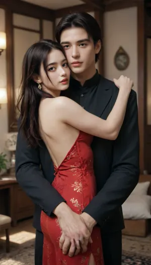 18 years old skinny beauty, long hair, black hair, thin body, toned body, natural skin texture, wearing red cheongsam, at hotel lobby, athletic chinese man in black suit, man hugging woman from behind, bohoai, hinaigirl, shu7, ruru, Saika, <lora:boho_hinaigirl_v1:1.1>, <lora:Shu7_XL_0_:2>, <lora:greenjk2:.8>, <lora:Saika_SDXL_2_reg_:1.3>
