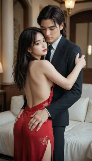 18 years old skinny beauty, long hair, black hair, thin body, toned body, natural skin texture, wearing red cheongsam, at hotel lobby, athletic chinese man in black suit, man hugging woman from behind, bohoai, hinaigirl, shu7, ruru, Saika, <lora:boho_hinaigirl_v1:1.1>, <lora:Shu7_XL_0_:2>, <lora:greenjk2:.8>, <lora:Saika_SDXL_2_reg_:1.3>