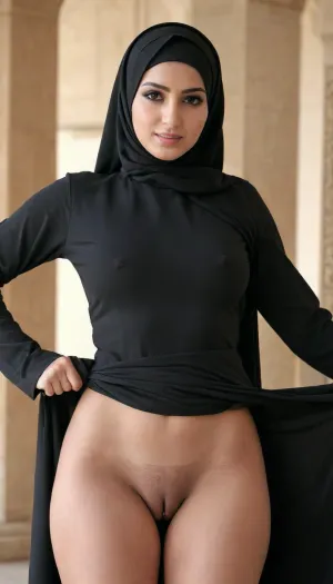 A sexy Arab muslim woman wearing a full black hijab and a black abaya, lifting her abaya to reveal her shave, upskirt, vagina, out, rear, shot, front, <lora:upskirt:.5>
